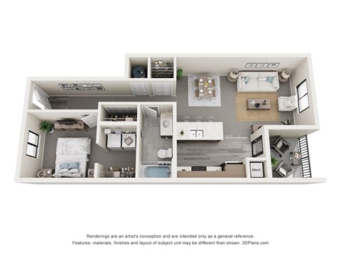 Floor plan for 1 bed, 1 bath, 745 sqft